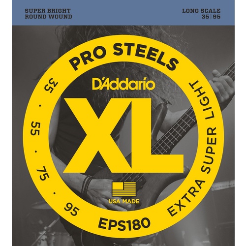 D'Addario EPS180 ProSteels Bass Guitar Strings, Extra Super Light, 35-95, Long Scale