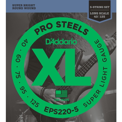 D'Addario EPS220-5 5-String ProSteels Bass Guitar Strings, Super Light, 40-125, Long Scale