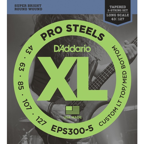 D'Addario EPS300-5 ProSteels 5-String Bass, Custom Light, 43-127, Long Scale