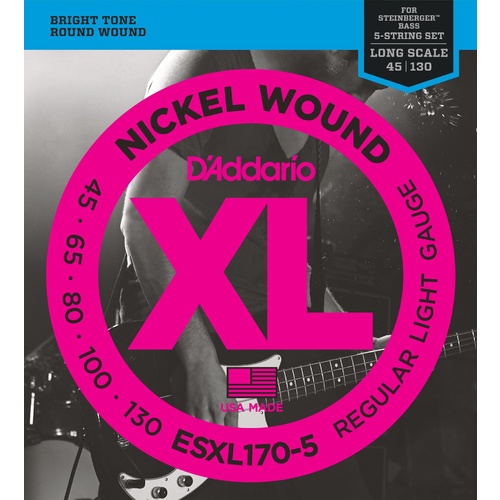 D'Addario ESXL170-5 Nickel Wound 5-String Bass Guitar Strings, Light, 45-130, Double Ball End, Long Scale