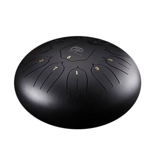 Opus Percussion 10" Metal 11-Note Lotus Carves Tongue Drum in Black, D-Major Scale, Includes Mallets & Carry Bag