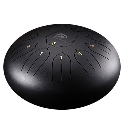 Opus Percussion 12" Metal 11-Note Lotus Carves Tongue Drum in Black, C-Major Scale, Includes Mallets & Carry Bag