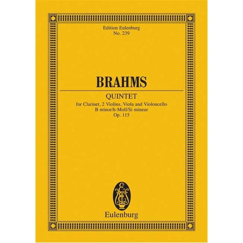 Brahms Clarinet Quintet Op. 115 B Minor Study Score, 56 Pages, Eulenburg