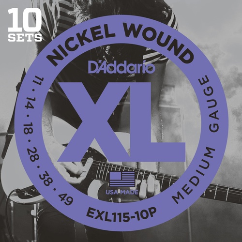 D'Addario EXL115-10P Nickel Wound Electric Guitar Strings, Medium-Blues-Jazz Rock, 11-49, 10 Sets