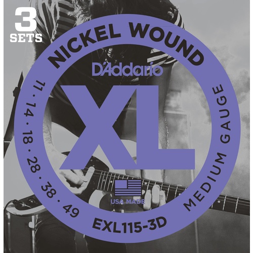D'Addario EXL115-3D Nickel Wound Electric Guitar Strings, 3 Sets, Medium-Blues-Jazz Rock, 11-49, 3 Sets