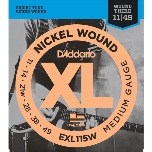 D'Addario EXL115 Nickel Wound Electric Guitar Strings, Medium-Blues-Jazz Rock, Wound 3rd, 11-49