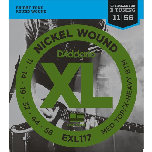 D'Addario EXL117 Nickel Wound Electric Guitar Strings, Medium Top-Extra-Heavy Bottom, 11-56