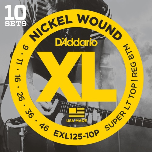 D'Addario EXL125-10P Nickel Wound Electric Guitar Strings, Super Light Top-Regular Bottom, 9-46, 10 Sets