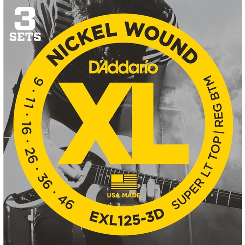 D'Addario EXL125-3D Nickel Wound Electric Guitar Strings, Super Light Top-Regular Bottom, 9-46, 3 Sets