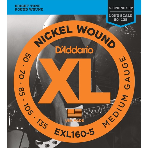 D'Addario EXL160-5 5-String Nickel Wound Bass Guitar Strings 50-135 Long Scale