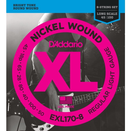 D'Addario EXL170-8 8-String Nickel Wound Bass Guitar Strings, Light, 32-130, Long Scale