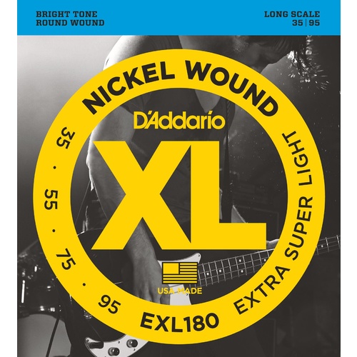 D'Addario EXL180 Nickel Wound Bass Guitar Strings, Extra Super Light, 35-95, Long Scale