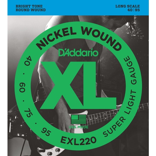 D'Addario EXL220 Nickel Wound Bass Guitar Strings, Super Light, 40-95, Long Scale