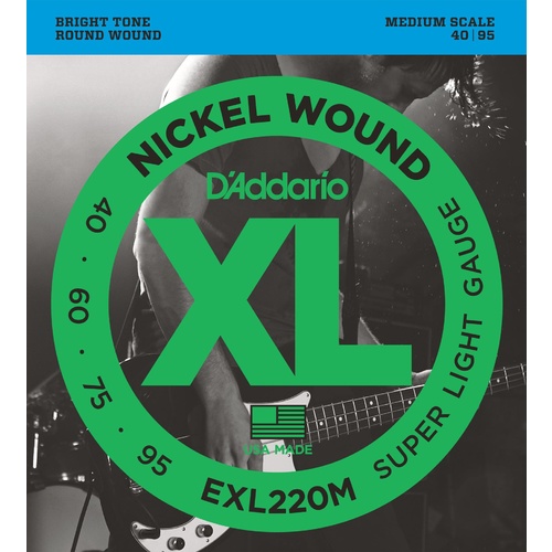 D'Addario EXL220M Nickel Wound Bass Guitar Strings, Super Light, 40-95, Medium Scale