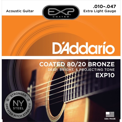 D'Addario EXP10 Coated Acoustic Guitar Strings, 80-20, Extra Light, 10-47