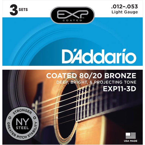 D'Addario EXP11-3D 3 Sets Light 12-53 Coated 80-20 Bronze Acoustic Guitar Strings