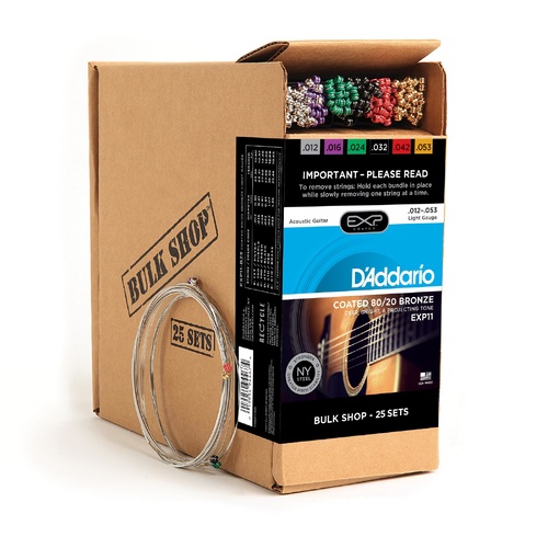 D'Addario EXP11 Coated Acoustic Guitar Strings, 80-20, Light, 12-53, 25 Sets