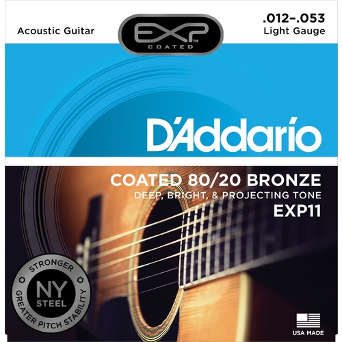 D'Addario EXP11 Coated Acoustic Guitar Strings, 80-20, Light, 12-53