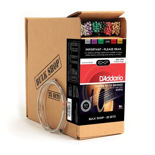 D'Addario EXP12 Coated 80-20 Bronze Acoustic Guitar Strings, Medium, 13-56, 25 Sets