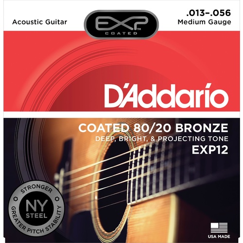 D'Addario EXP12 Coated 80-20 Bronze Acoustic Guitar Strings, Medium, 13-56