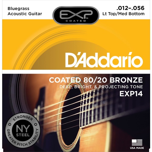 D'Addario EXP14 Coated 80-20 Bronze Acoustic Guitar Strings, Light Top-Medium Bottom-Bluegrass, 12-56