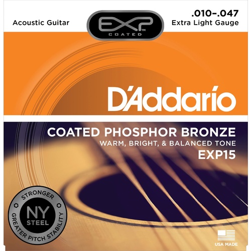 D'Addario EXP15 Coated Phosphor Bronze Acoustic Guitar Strings, Extra Light, 10-47
