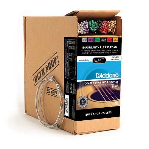 D'Addario EXP16 Coated Phosphor Bronze Acoustic Guitar Strings, Light, 12-53, 25 Sets