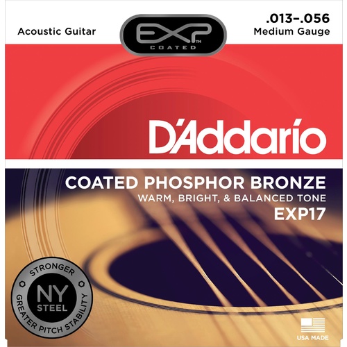 D'Addario EXP17 Coated Phosphor Acoustic Guitar Strings, Medium, 13-56