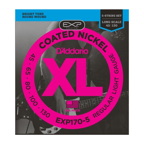 D'Addario EXP170-5 Coated 5-String Bass Guitar Strings, Light, 45-130, Long Scale