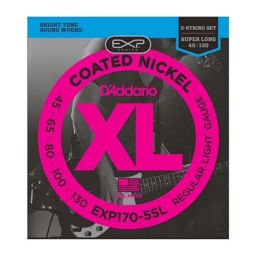 D'Addario EXP170-5SL Coated 5-String Bass Guitar Strings, Light, 45-130, Super Long Scale