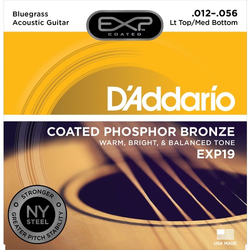 D'Addario EXP19 Coated Phosphor Bronze Acoustic Guitar Strings, Light Top-Medium Bottom-Bluegrass, 12-56