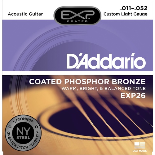 D'Addario EXP26 Coated Phosphor Bronze Acoustic Guitar Strings, Custom Light, 11-52