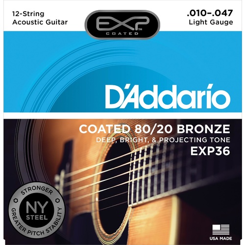 D'Addario EXP36 Coated 80-20 Bronze 12-String Acoustic Guitar Strings, Light, 10-47