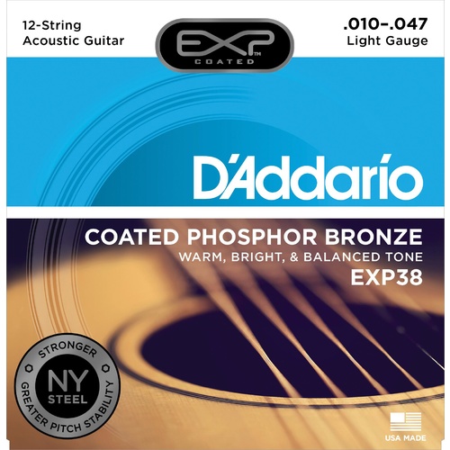 D'Addario EXP38 Coated Phosphor Bronze 12-String Acoustic Guitar Strings, Light, 10-47