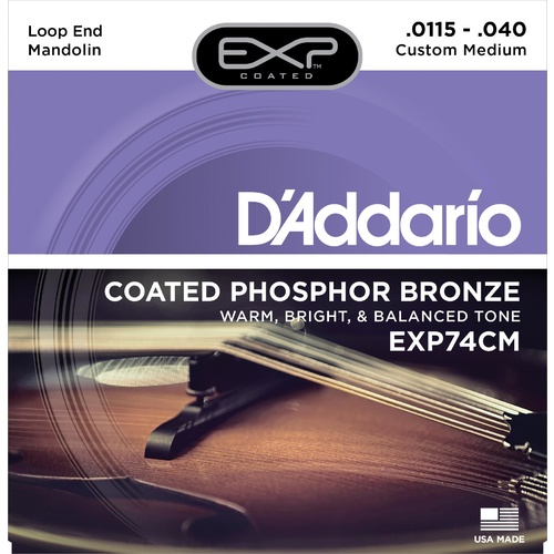 D'Addario EXP74CM Coated Phosphor Bronze Mandolin Strings, Custom Medium, 11.5-40