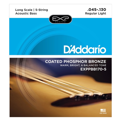 D'Addario EXPPBB170-5 Phosphor Bronze Coated 5-String Acoustic Bass Strings, Long Scale, 45-130