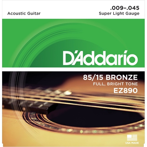D'Addario EZ890 85-15 Bronze Acoustic Guitar Strings, Super Light, 9-45