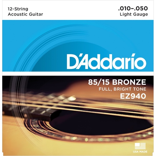 D'Addario EZ940 85-15 12-String Bronze Acoustic Guitar Strings, Light, 10-50