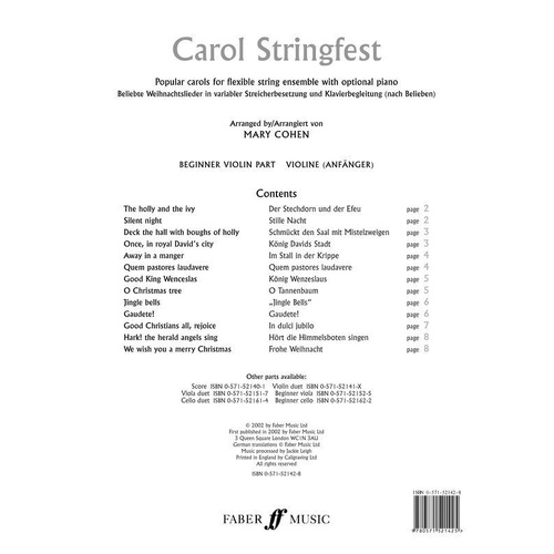 Carol Stringfest Beginner Violin Part by Mary Cohen, Faber Music, 8 Pages