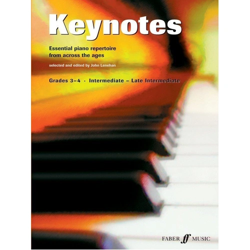 Keynotes Piano Grades 3-4 by Faber Music, 32 pages, repertoire includes works by Bach, Beethoven, Chopin, and more.