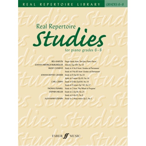 Real Repertoire Studies Grades 6-8 by Faber Music for Piano, 32 Pages, Intermediate-Advanced Level, Includes Composer Notes and Technical Guidance