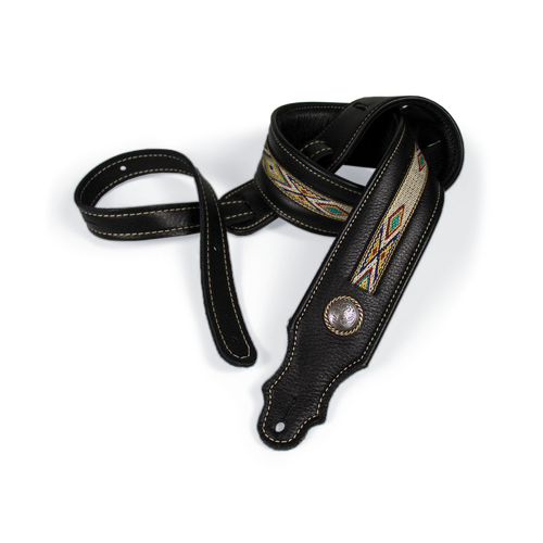 Franklin 2" Southwest Padded Glove Leather Guitar Strap with Hitch Weave & Concho, Black with Natural Stitch, Adjustable 39" to 56"