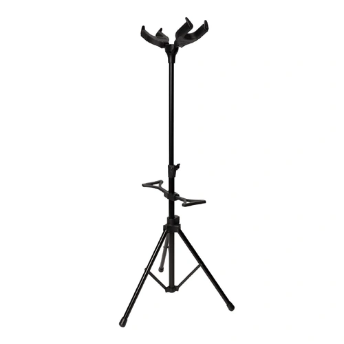 Fretz Heavy Duty Adjustable Tripod Double Guitar Stand with Self-Locking Head Supports - Black