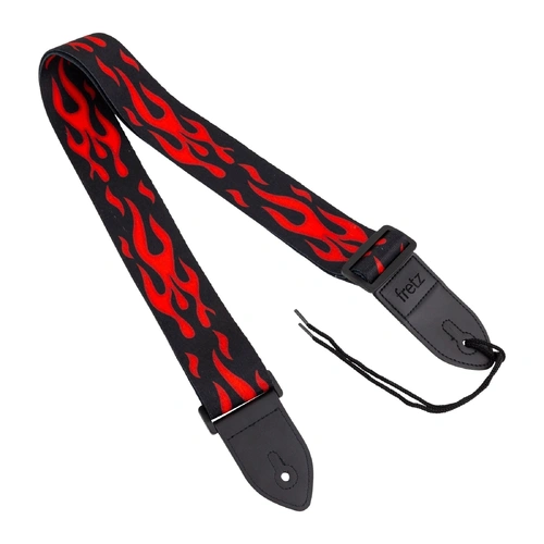Fretz FGST-C21 2" Printed Polyweb Guitar Strap with Microfiber Leather Ends - Red Flame, Adjustable up to 57"