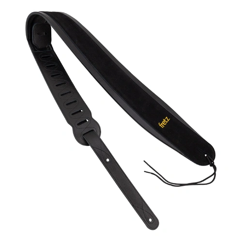 Fretz FGST-LC14 Padded Leather Adjustable Guitar Strap - Black, 3.5" Wide, Suede Strip, Microfiber Ends, Adjustable Up to 53"