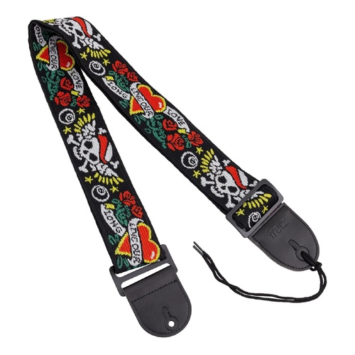 Fretz FGST-RETRO51 Woven Jacquard Fabric Guitar Strap - Tattoo, 2.5" Wide, Adjustable Up to 57" with Microfiber Leather Ends