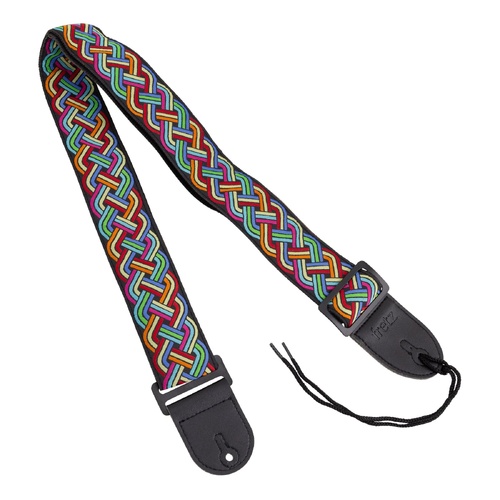 Fretz FGST-RETRO52 Woven Jacquard Fabric Guitar Strap - Neon, 2.5" Wide, Adjustable Up to 57" with Microfiber Leather Ends
