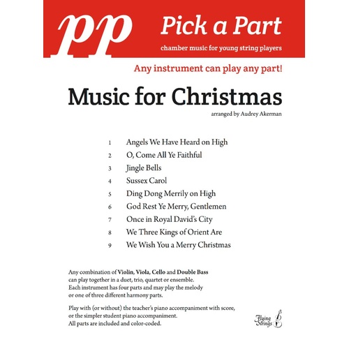 Music for Christmas Pick a Part Flexible String Ensemble by Audrey Akerman for String Orchestra, Published by Flying Strings, 1 Page