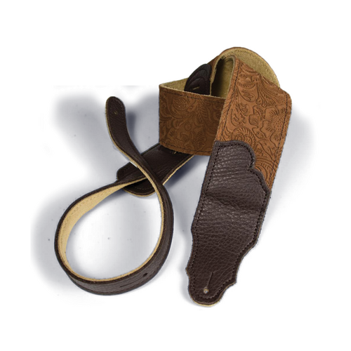 Franklin Embossed 2.5" Caramel Suede Guitar Strap with Pebbled Chocolate Leather End