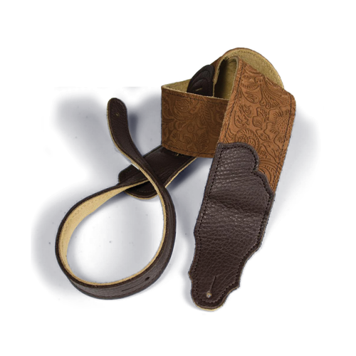 Franklin Embossed 2.5" Caramel Suede Guitar Strap with Pebbled Chocolate Leather End